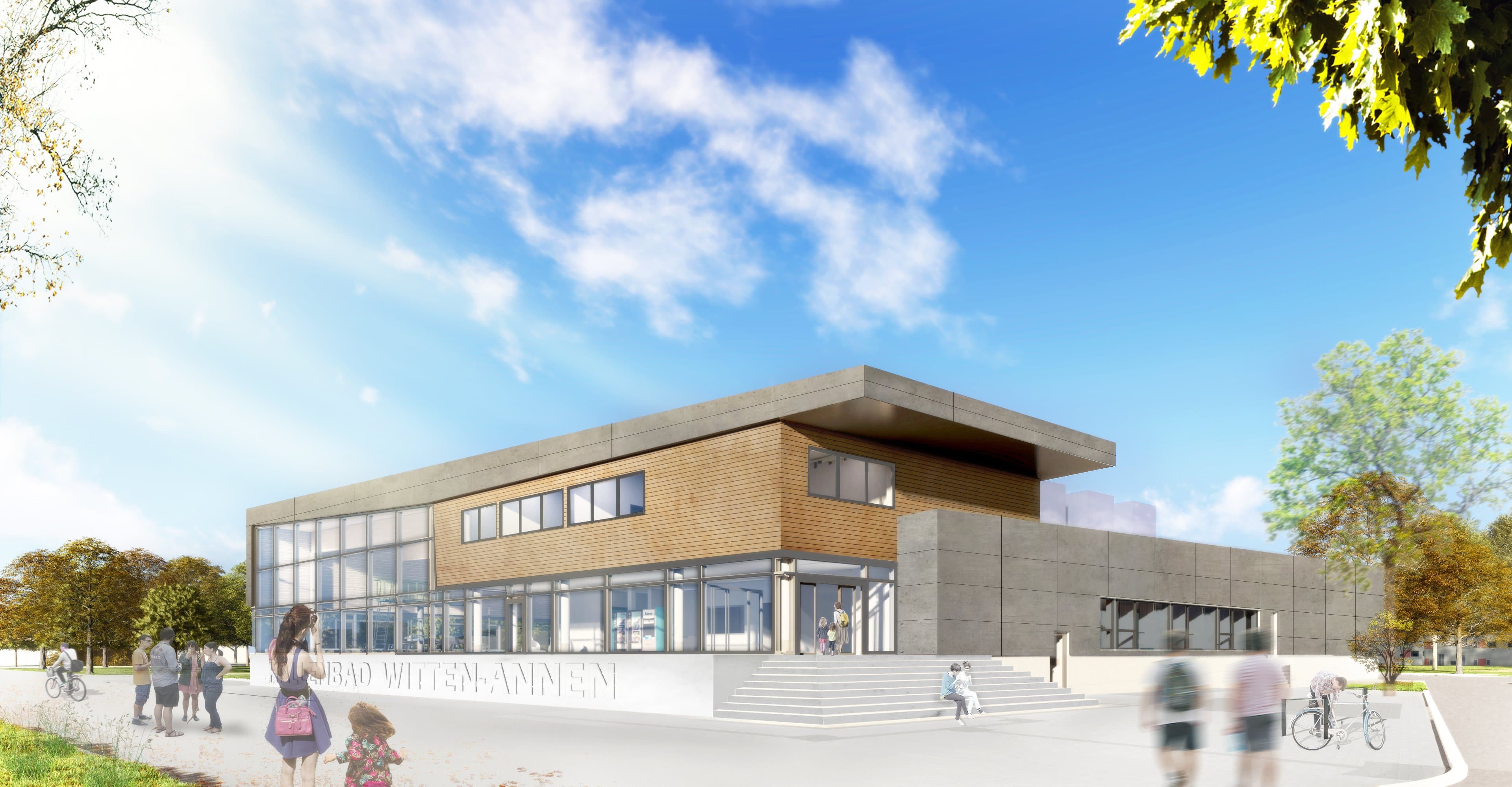 Ansicht der Vorderseite des geplanten Neubaus Hallenbad Witten-Annen