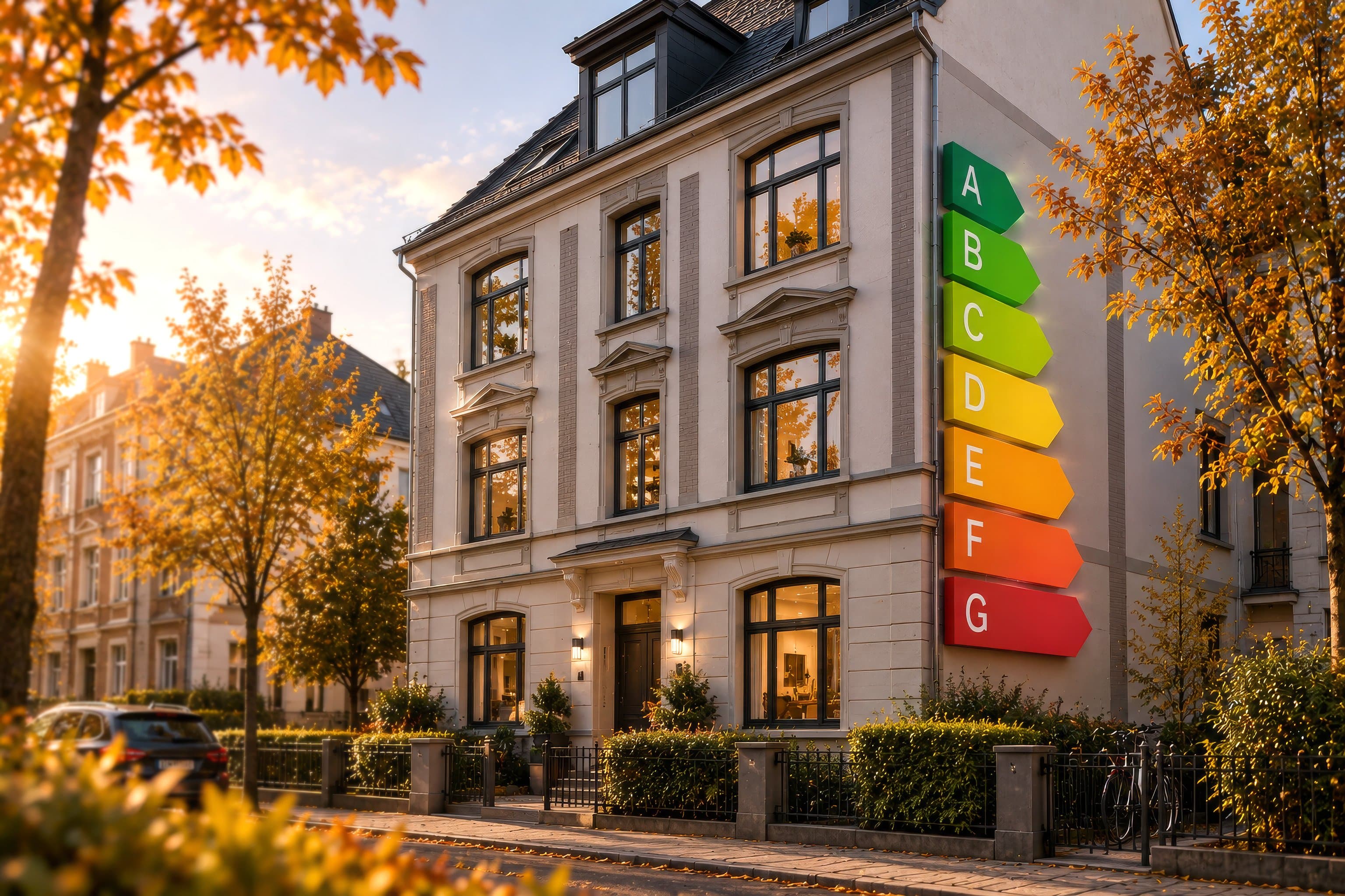 Wohnhaus mit grafisch dargestellten Energieeffizienzstufen